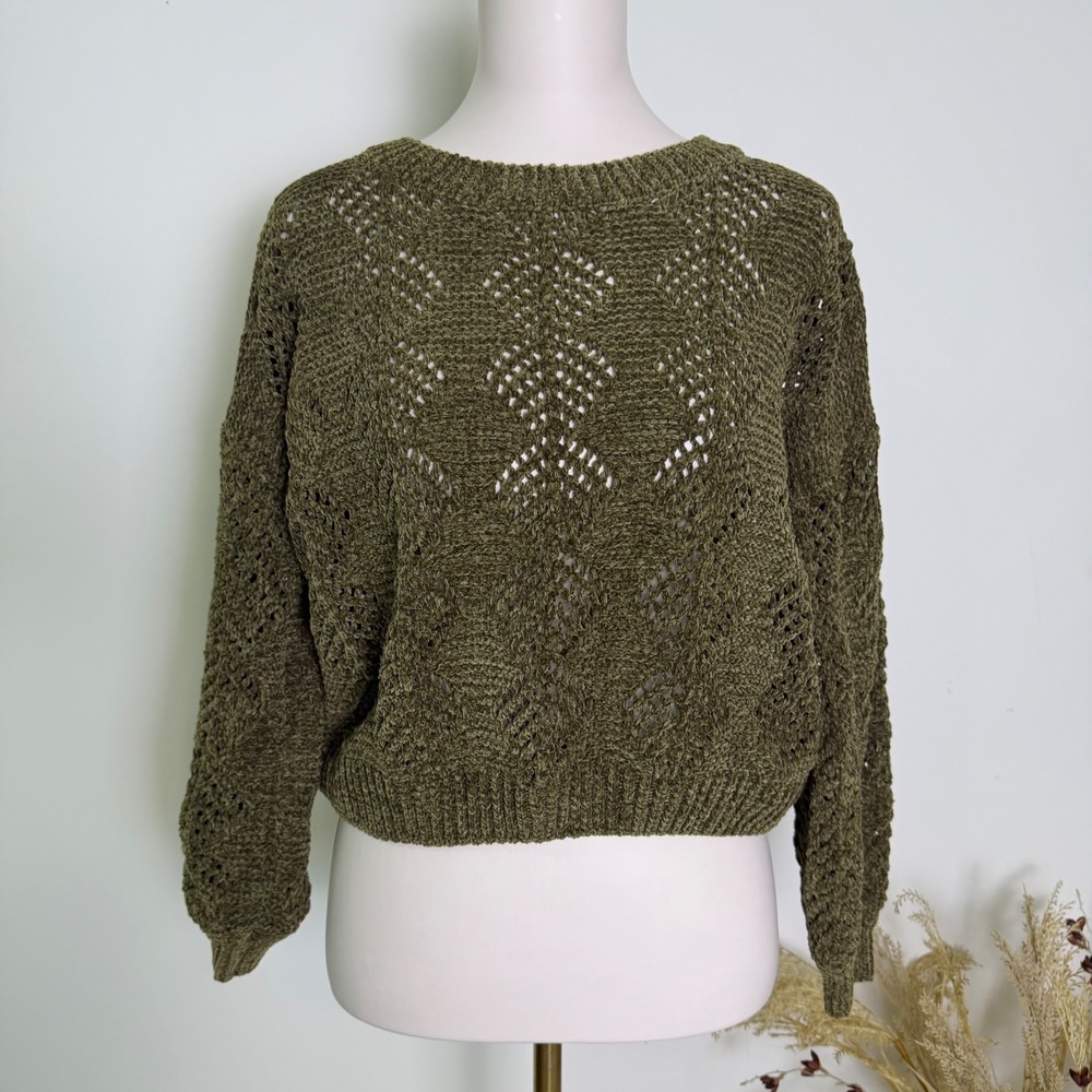 POL Olive Green Chenille Open Knit Cropped Sweater Small Boho Chevron Knit